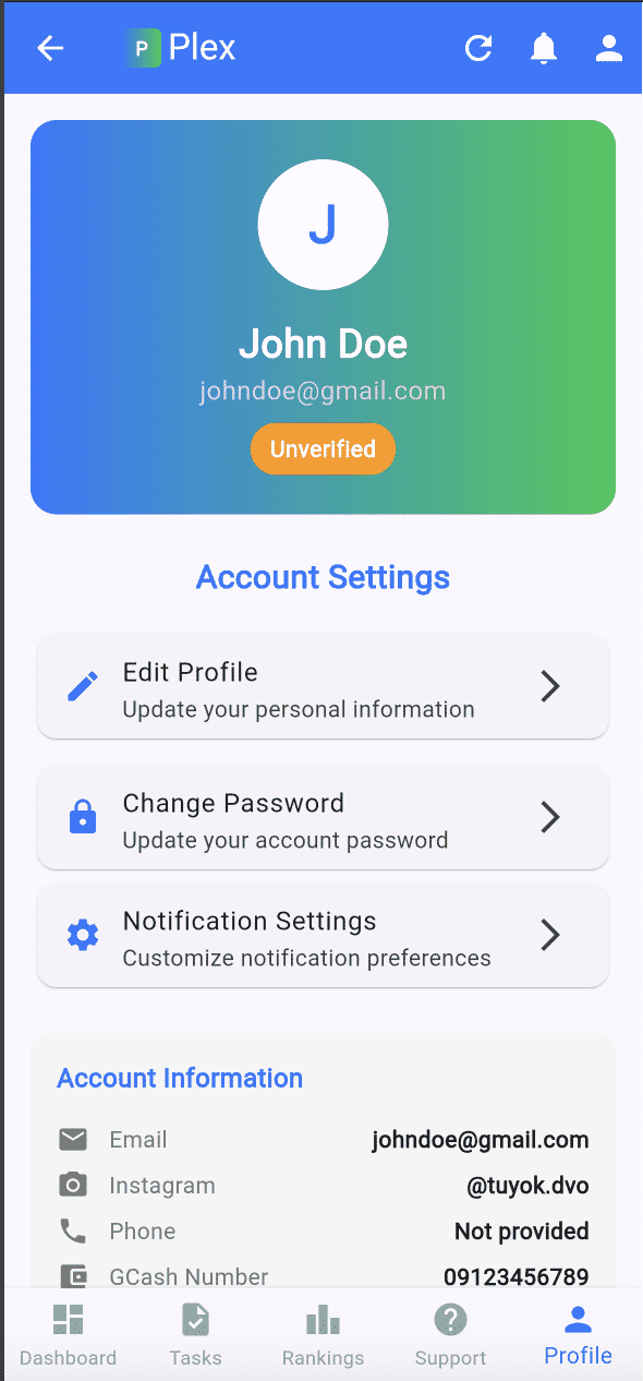 Plex app profile screen showing user profile page