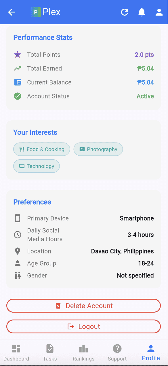 Profile screen scrolled down showing Delete Account button