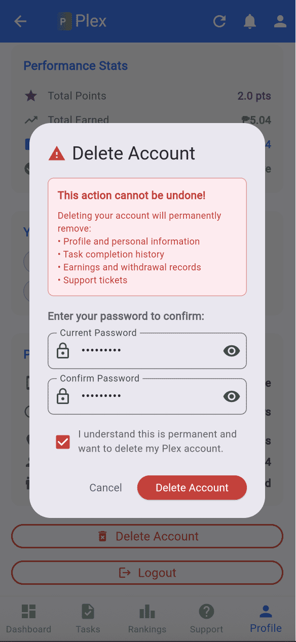 Account deletion confirmation screen with password field and checkbox